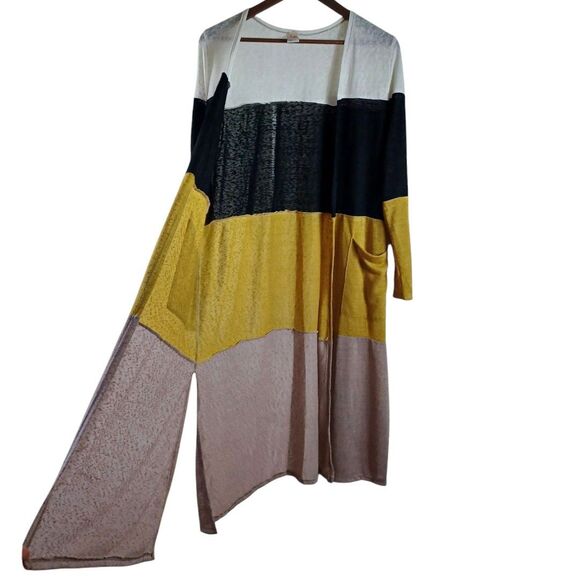 7th Ray Sz S Color Block Long Cardigan Duster Burnout Knit Pockets Boho USA Made - Picture 5 of 8
